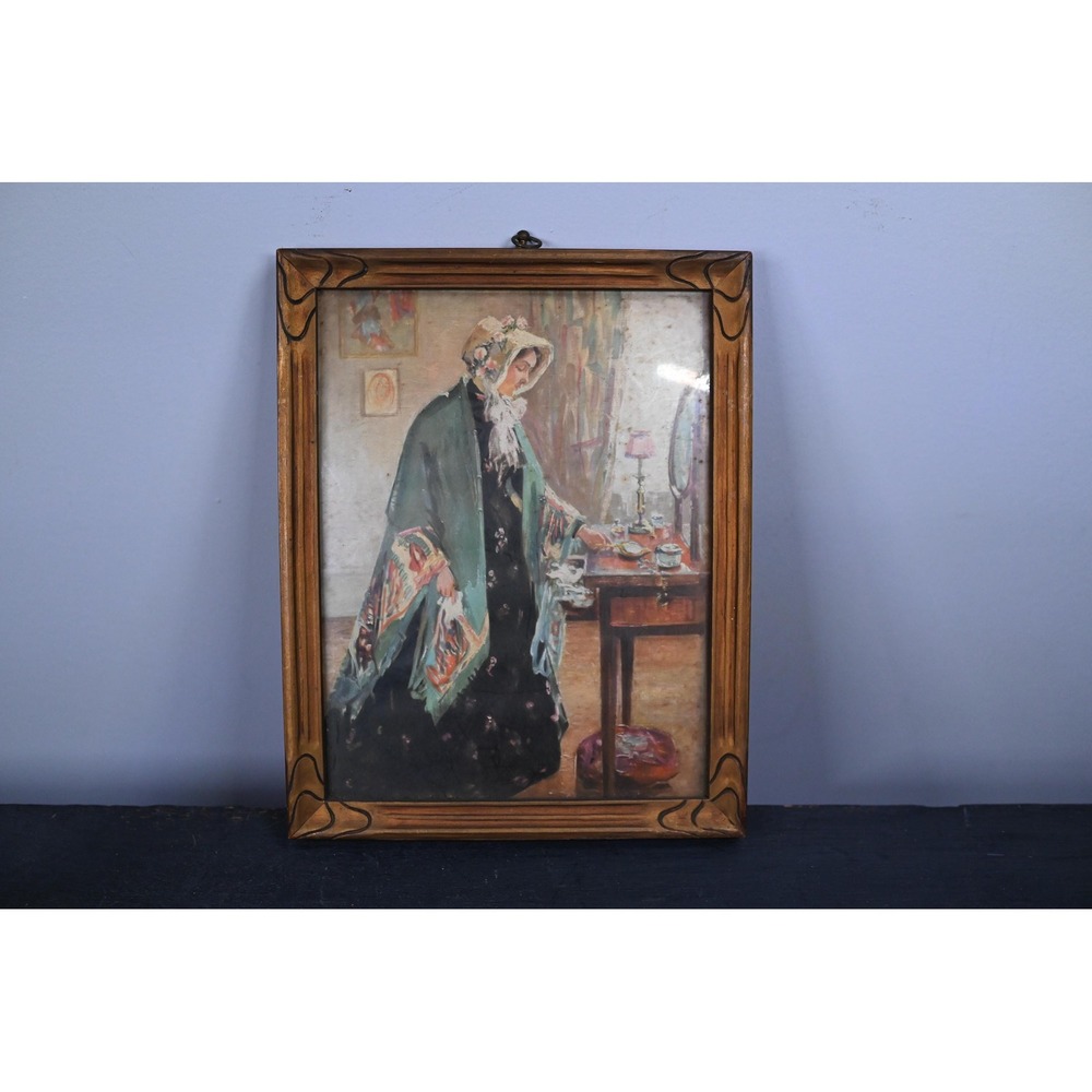 Vintage The Green Shawl by S. Minier Framed Art Print Edward Gross Co Gold 8x10